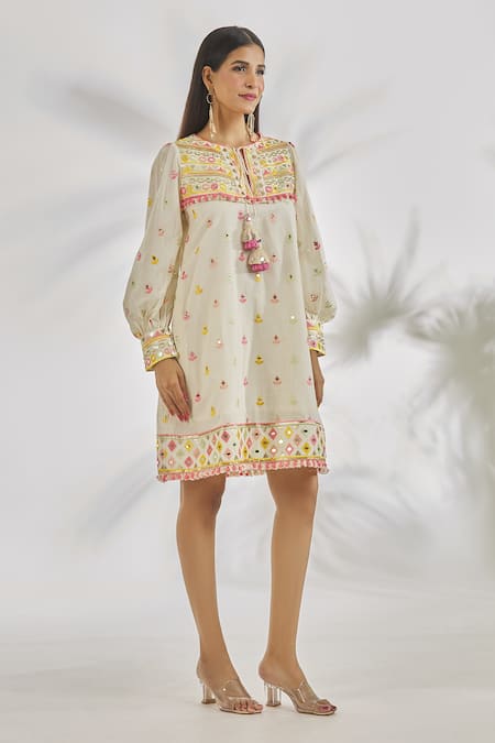Gopi Vaid_Ivory Cotton Tassels, Pom-poms Round Shehnaz Mirror And Thread Embroidered Dress _Online_at_Aza_Fashions