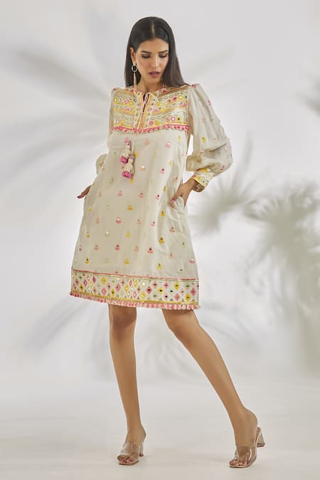 Buy_Gopi Vaid_Ivory Cotton Tassels, Pom-poms Round Shehnaz Mirror And Thread Embroidered Dress _Online_at_Aza_Fashions