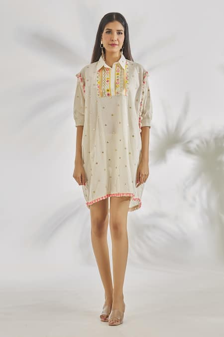 Gopi Vaid_Ivory Cotton Tassels, Pom-poms Collared Mehr Sequin Embroidered Dress _at_Aza_Fashions