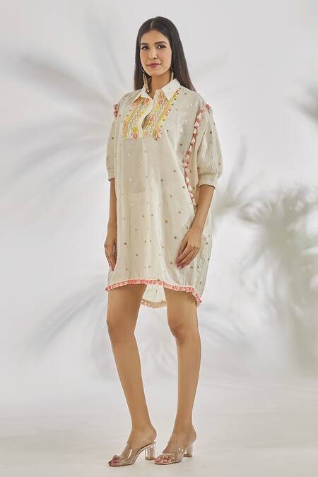 Gopi Vaid_Ivory Cotton Tassels, Pom-poms Collared Mehr Sequin Embroidered Dress _Online_at_Aza_Fashions