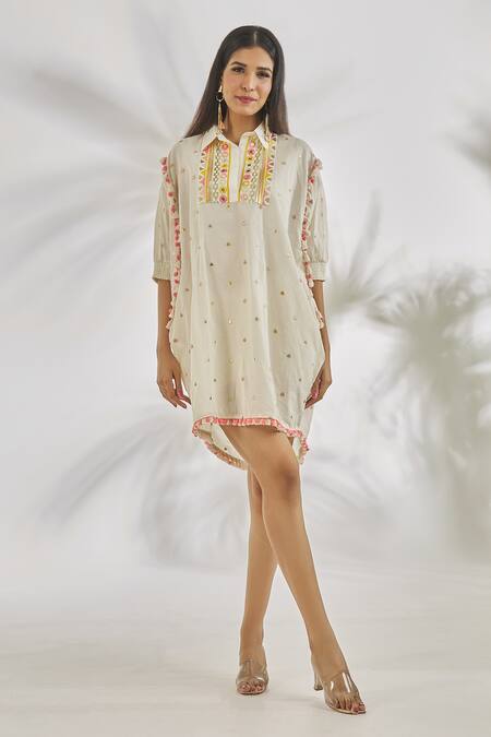 Buy_Gopi Vaid_Ivory Cotton Tassels, Pom-poms Collared Mehr Sequin Embroidered Dress _Online_at_Aza_Fashions