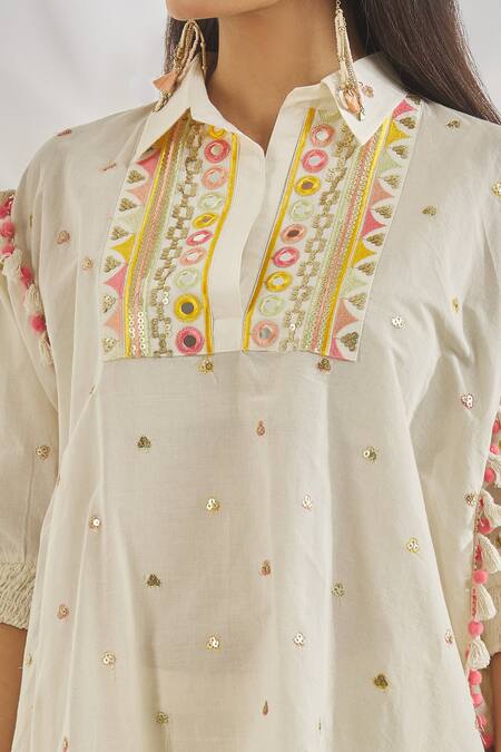 Shop_Gopi Vaid_Ivory Cotton Tassels, Pom-poms Collared Mehr Sequin Embroidered Dress _Online_at_Aza_Fashions