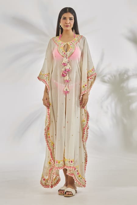 Gopi Vaid_Ivory V-neck Anya Scallop Trim Embroidered Kaftan_at_Aza_Fashions