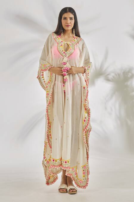 Buy_Gopi Vaid_Ivory V-neck Anya Scallop Trim Embroidered Kaftan_Online_at_Aza_Fashions