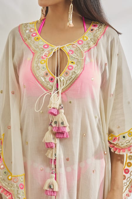 Shop_Gopi Vaid_Ivory V-neck Anya Scallop Trim Embroidered Kaftan_Online_at_Aza_Fashions