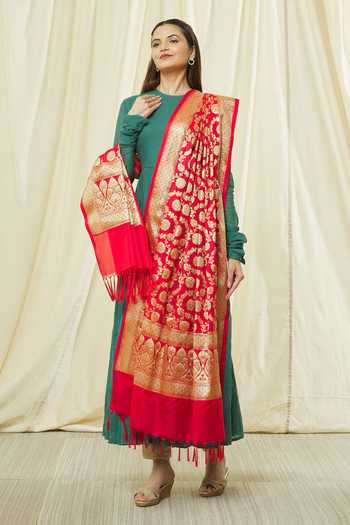 Shop_Khwaab By Sanjana Lakhani_Red Banarasi Art Silk Fringe Hem Flower Pattern Dupatta_Online_at_Aza_Fashions