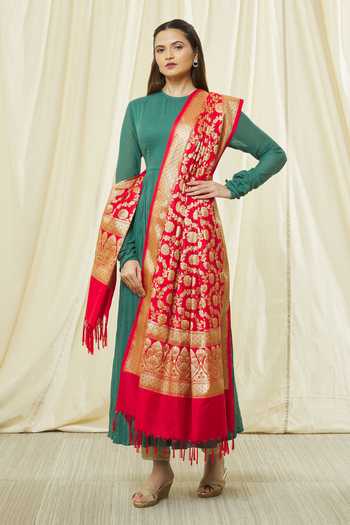 Khwaab By Sanjana Lakhani_Red Banarasi Art Silk Fringe Hem Flower Pattern Dupatta_Online_at_Aza_Fashions