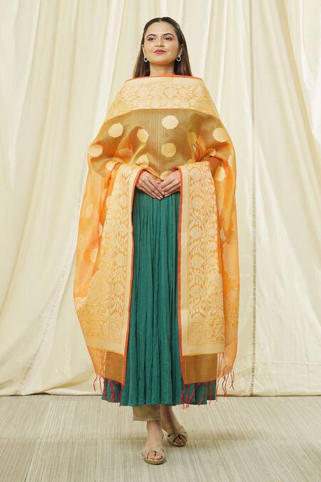 Shop Naintara Bajaj Orange Cotton, Silk Embroidery, Fringe Floral Pattern Dupatta Online at Aza Fashions Shop_Naintara Bajaj_Orange Cotton, Silk Embroidery, Fringe Floral Pattern Dupatta _Online_at_Aza_Fashions