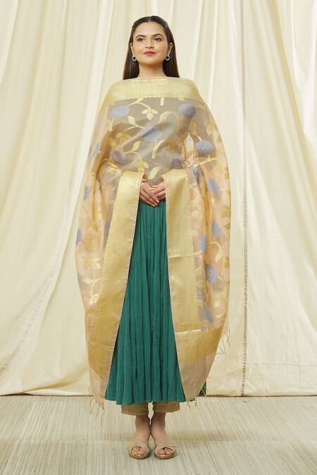 Shop_Naintara Bajaj_Peach Cotton, Silk Embroidery Floral Pattern Fringe Dupatta _Online_at_Aza_Fashions