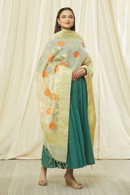 Shop_Naintara Bajaj_Green Cotton Embroidery Floral Pattern Dupatta _Online_at_Aza_Fashions