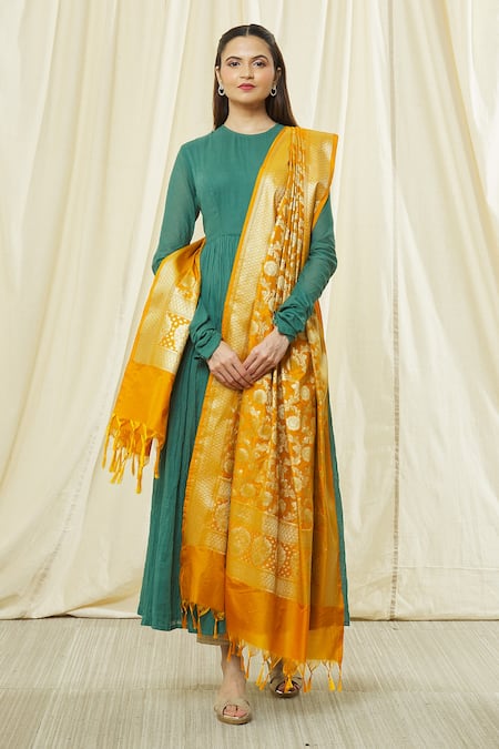 Shop_Naintara Bajaj_Yellow Brocade, Silk Zari, Fringe Floral Woven Banarasi Art Dupatta _Online_at_Aza_Fashions