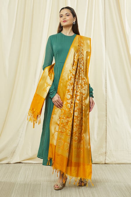 Naintara Bajaj_Yellow Brocade, Silk Zari, Fringe Floral Woven Banarasi Art Dupatta _Online_at_Aza_Fashions