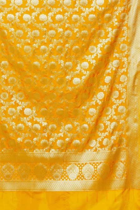 Buy_Naintara Bajaj_Yellow Brocade, Silk Zari, Fringe Floral Woven Banarasi Art Dupatta _Online_at_Aza_Fashions
