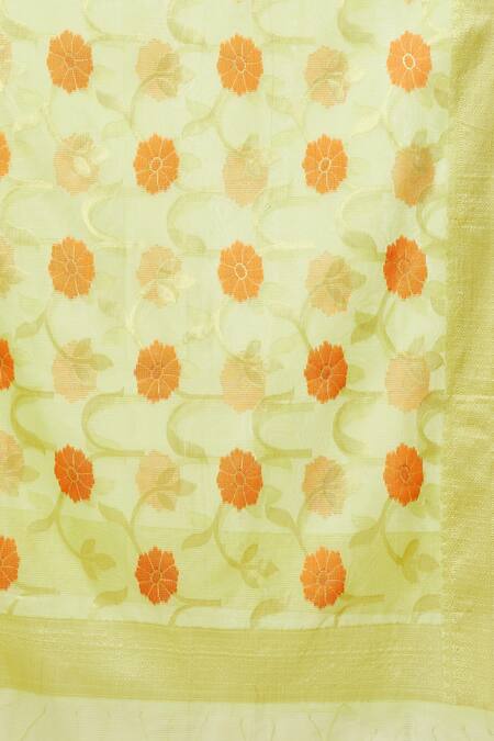 Shop_Naintara Bajaj_Green Cotton, Silk Fringe, Embroidery Floral Motif Pattern Dupatta _Online_at_Aza_Fashions