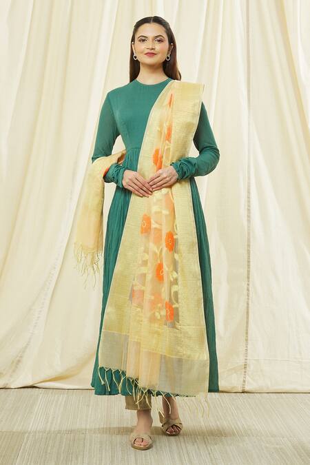 Shop_Naintara Bajaj_Beige Cotton, Silk Embroidery Floral Pattern Dupatta With Fringe Hem _Online_at_Aza_Fashions