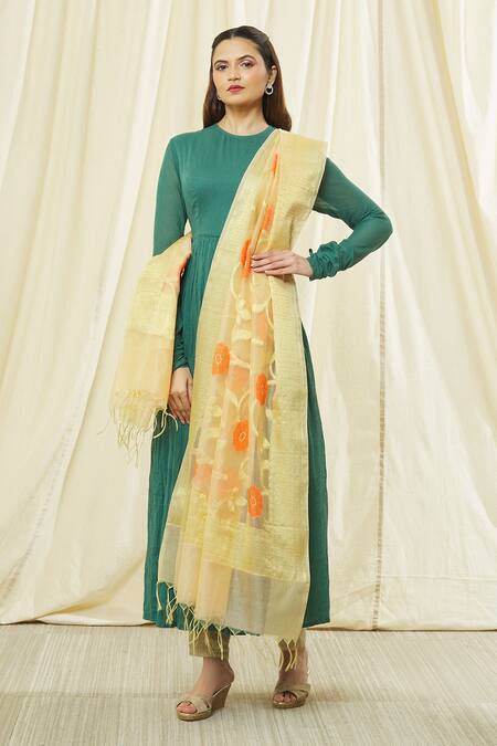 Naintara Bajaj_Beige Cotton, Silk Embroidery Floral Pattern Dupatta With Fringe Hem _Online_at_Aza_Fashions