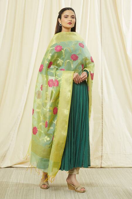 Shop_Naintara Bajaj_Green Cotton Embroidery Floral Pattern Fringe Hem Dupatta _Online_at_Aza_Fashions