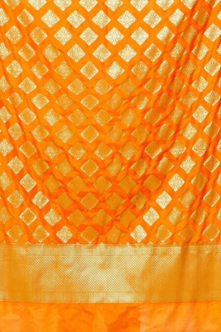 Shop_Naintara Bajaj_Orange Brocade Zari, Fringe Banarasi Art Silk Woven Floral Dupatta _Online_at_Aza_Fashions