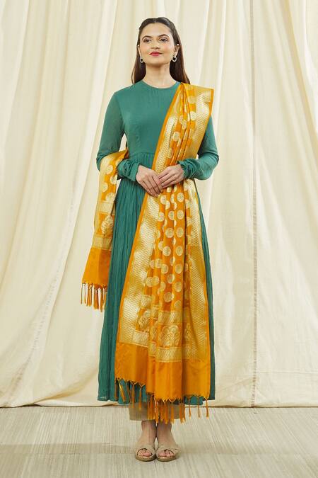 Shop_Khwaab By Sanjana Lakhani_Yellow Banarasi Art Silk Woven Floral Circular Pattern Dupatta_Online_at_Aza_Fashions