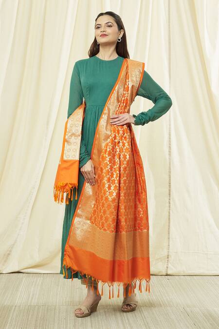Naintara Bajaj Orange Brocade Zari, Fringe Floral Woven Banarasi Art Silk Dupatta Online at Aza Fashions Naintara Bajaj_Orange Brocade Zari, Fringe Floral Woven Banarasi Art Silk Dupatta _Online_at_Aza_Fashions