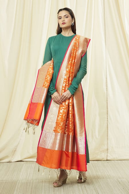 Shop_Naintara Bajaj_Orange Silk Fringe Floral Woven Dupatta With Hem _Online_at_Aza_Fashions