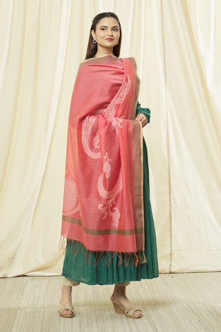 Naintara Bajaj_Pink Cotton, Silk Fringe Floral Stripe Dupatta _Online_at_Aza_Fashions