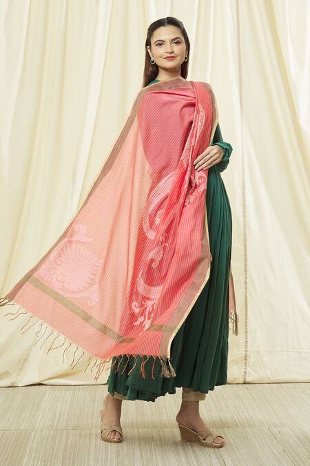 Buy_Naintara Bajaj_Pink Cotton, Silk Fringe Floral Stripe Dupatta _Online_at_Aza_Fashions
