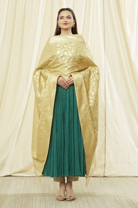 Naintara Bajaj Beige Brocade, Silk Fringe, Zari Floral Woven Banarasi Art Dupatta