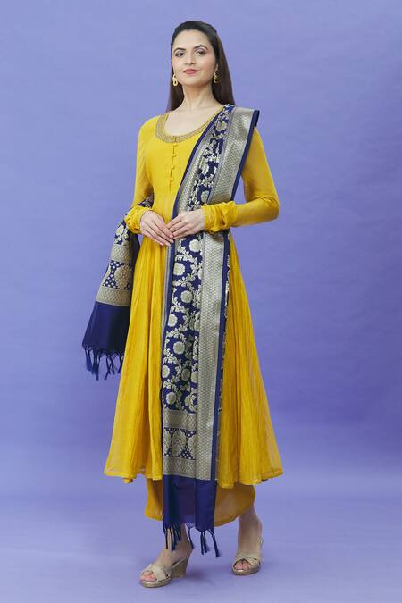 Shop_Naintara Bajaj_Blue Brocade, Silk Embroidery Floral Vine Pattern Woven Dupatta _Online_at_Aza_Fashions