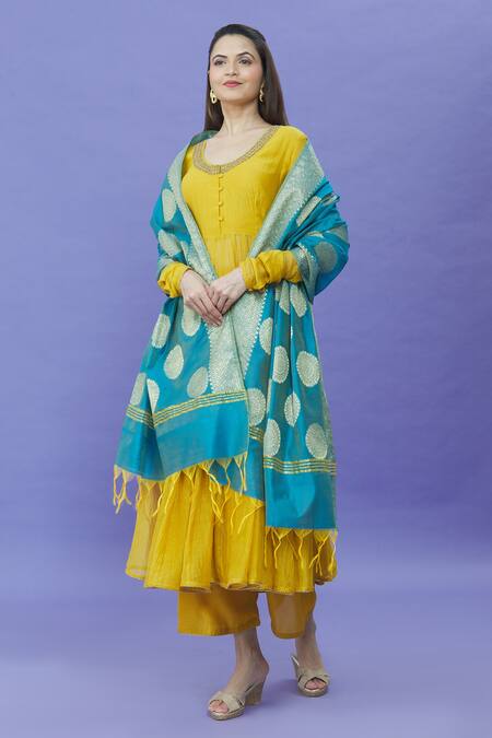 Shop_Naintara Bajaj_Blue Cotton, Silk Fringe Mandala Woven Pattern Dupatta _Online_at_Aza_Fashions