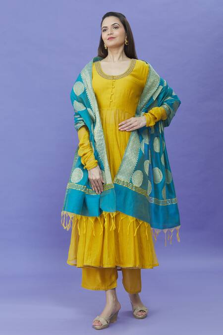 Naintara Bajaj_Blue Cotton, Silk Fringe Mandala Woven Pattern Dupatta _Online_at_Aza_Fashions