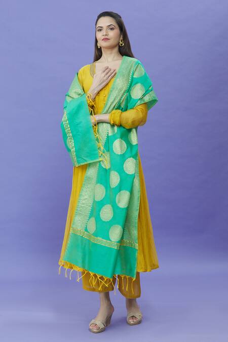 Shop_Naintara Bajaj_Green Cotton, Silk Fringe Mandala Pattern Dupatta _Online_at_Aza_Fashions