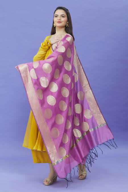 Naintara Bajaj_Pink Cotton Satin Embroidery Woven Silk Dupatta_Online_at_Aza_Fashions