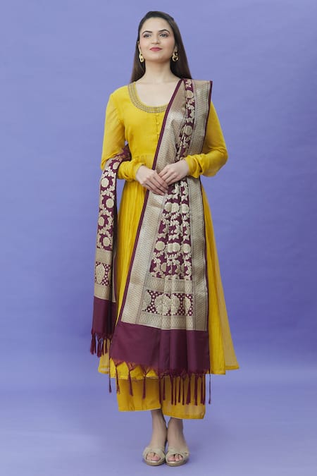 Shop_Naintara Bajaj_Wine Brocade Fringe Floral Pattern Banarasi Dupatta _Online_at_Aza_Fashions