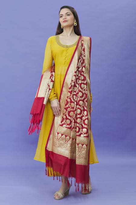 Shop_Naintara Bajaj_Maroon Brocade Zari, Fringe Banarasi Art Silk Floral Woven Dupatta_Online_at_Aza_Fashions