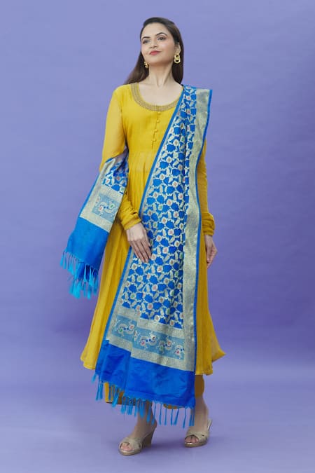 Shop_Naintara Bajaj_Blue Silk Fringe Floral Pattern Dupatta _Online_at_Aza_Fashions