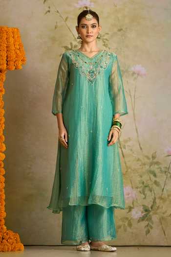 Samyukta Singhania_Green Tissue V-neck, Yes Embroidered Kurta Palazzo Set _at_Aza_Fashions