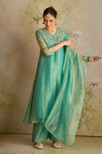 Buy_Samyukta Singhania_Green Tissue V-neck, Yes Embroidered Kurta Palazzo Set _Online_at_Aza_Fashions
