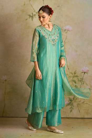 Shop_Samyukta Singhania_Green Tissue V-neck, Yes Embroidered Kurta Palazzo Set _Online_at_Aza_Fashions
