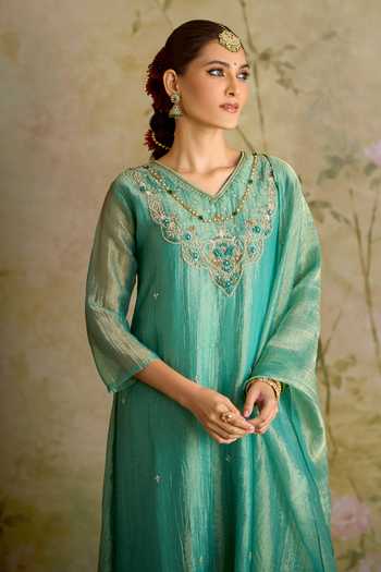Shop_Samyukta Singhania_Green Tissue V-neck, Yes Embroidered Kurta Palazzo Set 