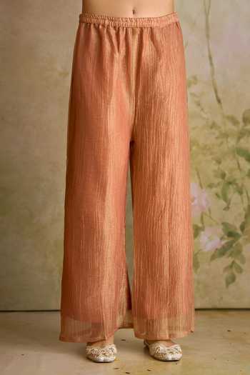 Shop_Samyukta Singhania_Peach Tissue V-neck, Yes Embroidered Kurta Palazzo Set _Online_at_Aza_Fashions