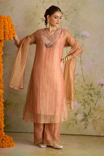 Shop_Samyukta Singhania_Peach Tissue V-neck, Yes Embroidered Kurta Palazzo Set 