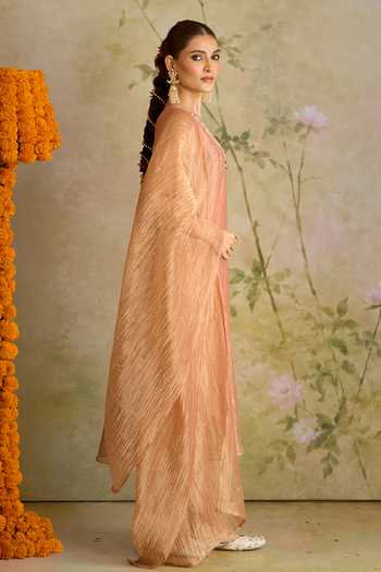 Samyukta Singhania_Peach Tissue V-neck, Yes Embroidered Kurta Palazzo Set _at_Aza_Fashions