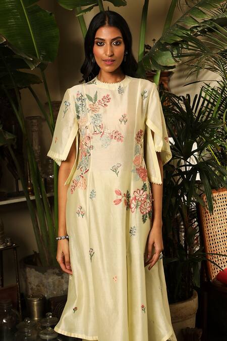 Sahil Kochhar_Yellow Chanderi, Net Embroidery Round Neck Azra Garden Tunic _Online_at_Aza_Fashions