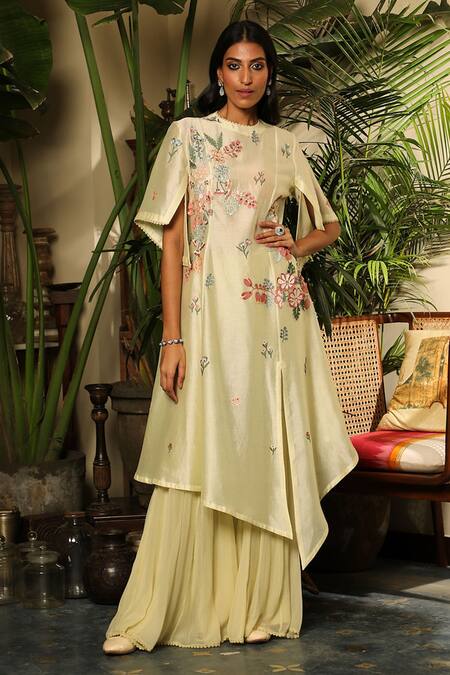 Buy_Sahil Kochhar_Yellow Chanderi, Net Embroidery Round Neck Azra Garden Tunic _Online_at_Aza_Fashions