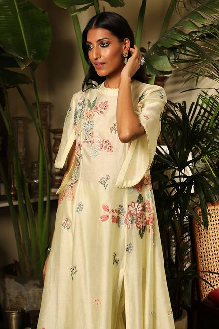 Shop_Sahil Kochhar_Yellow Chanderi, Net Embroidery Round Neck Azra Garden Tunic _Online_at_Aza_Fashions