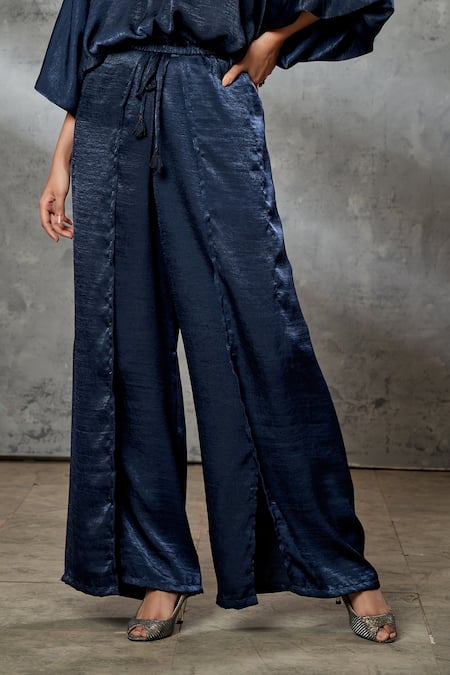 Aditi Somani_Blue Silk Suede Sequins, Beads And Thread Work V Embroidered Yoke Top & Pant Set _Online_at_Aza_Fashions