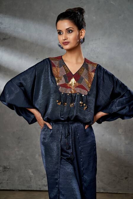 Buy Aditi Somani Blue Silk Suede Sequins, Beads And Thread Work V Embroidered Yoke Top & Pant Set Online at Aza Fashions Buy_Aditi Somani_Blue Silk Suede Sequins, Beads And Thread Work V Embroidered Yoke Top & Pant Set _Online_at_Aza_Fashions