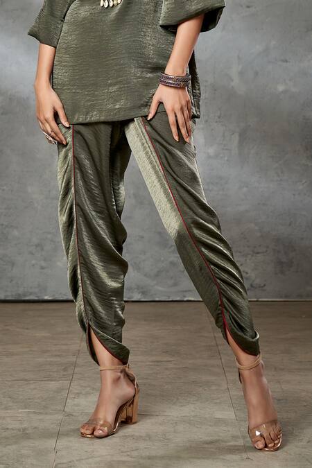 Aditi Somani_Green Silk Suede Sequins, Beads And Embroidered Short Tunic & Dhoti Pant Set_Online_at_Aza_Fashions