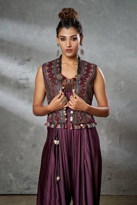 Aditi Somani_Wine Jacket Modal Satin, Jumpsuit Silk Suede Pleated And Embroidered Set_Online_at_Aza_Fashions